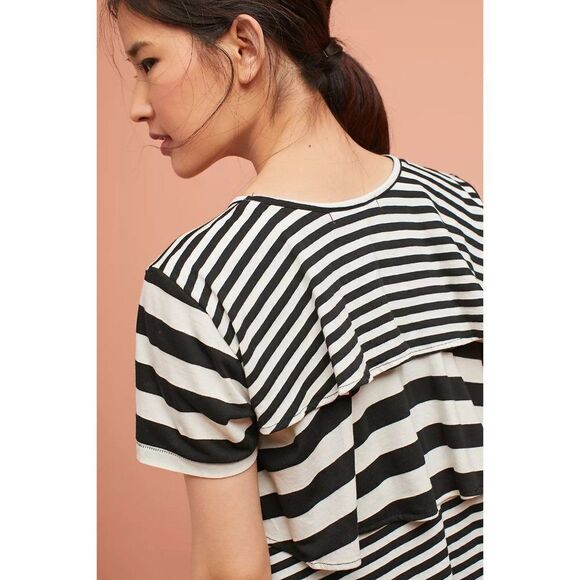 Anthropologie AMO Striped Ruffle Back Short Sleeve Crew Neck Tee Medium B&W - Picture 3 of 11